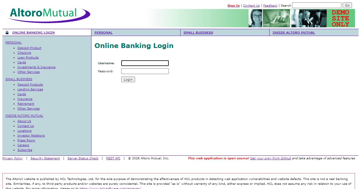 A login page of a public demo target, served over plain HTTP, with username and password fields